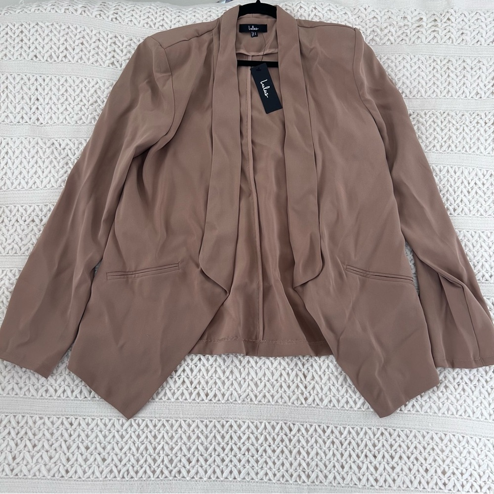 NWT Lulus Womens XL Taupe Open Front Draped Blazer Jacket Tan Nude Stretch